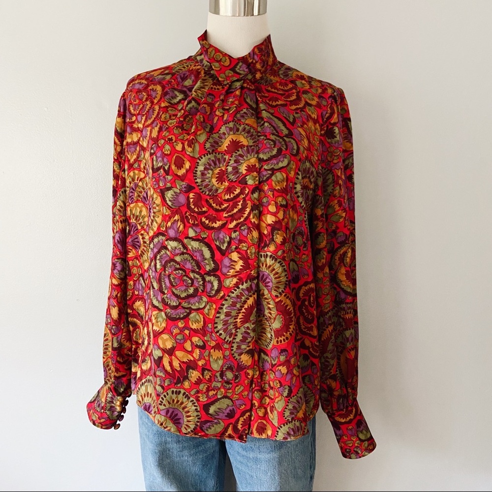 Vintage Red Pattern Silk Asymmetric Button Down